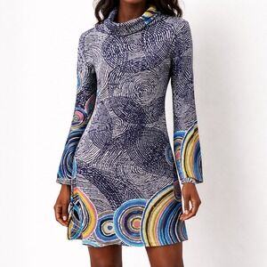 RADZOLI Sweater Dress Size Small Geometric Swirl Print Cowl Neck  Art To Wear